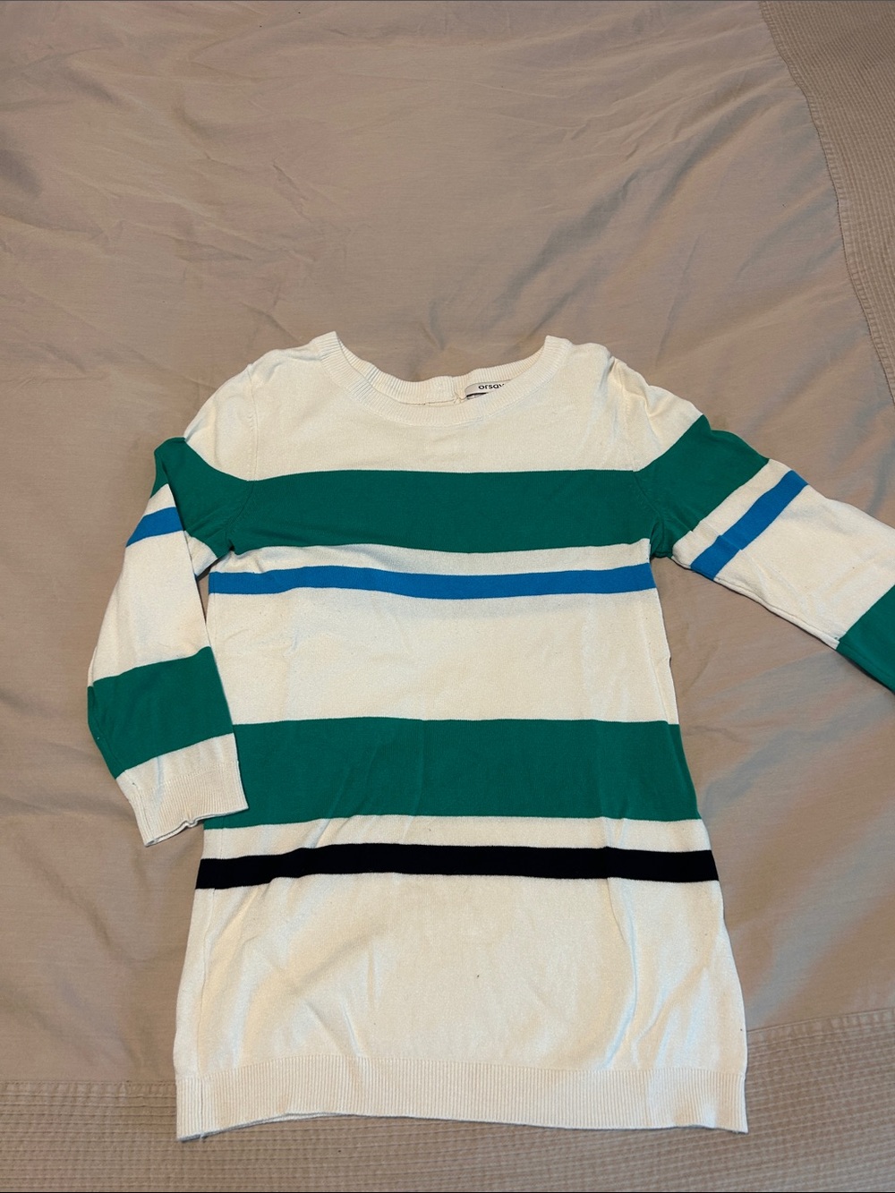 Striped Crewneck Sweater Dress - White, Green & Blue